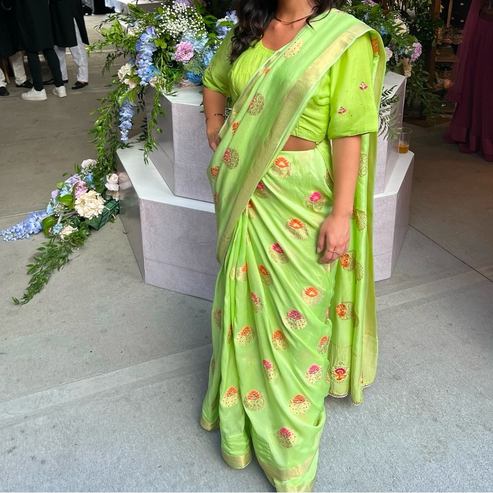 sari/saree - 3 piece set - green/pink